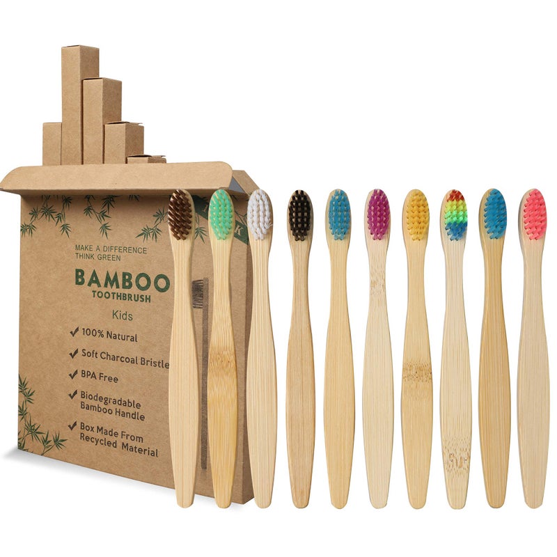 GeekerChip Set of 10 Bamboo Toothbrush for Children, 10 Colours Bamboo Toothbrush, Soft Natural Bristles, Ecological and Biodegradable